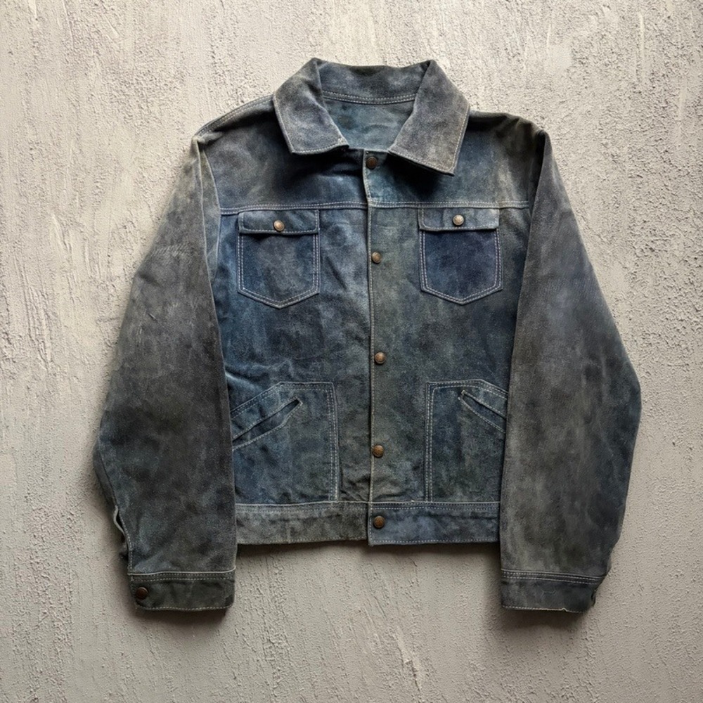 Vintage Suede Trucker Jacket Medium Blue 1970s Distressed Leather Western
